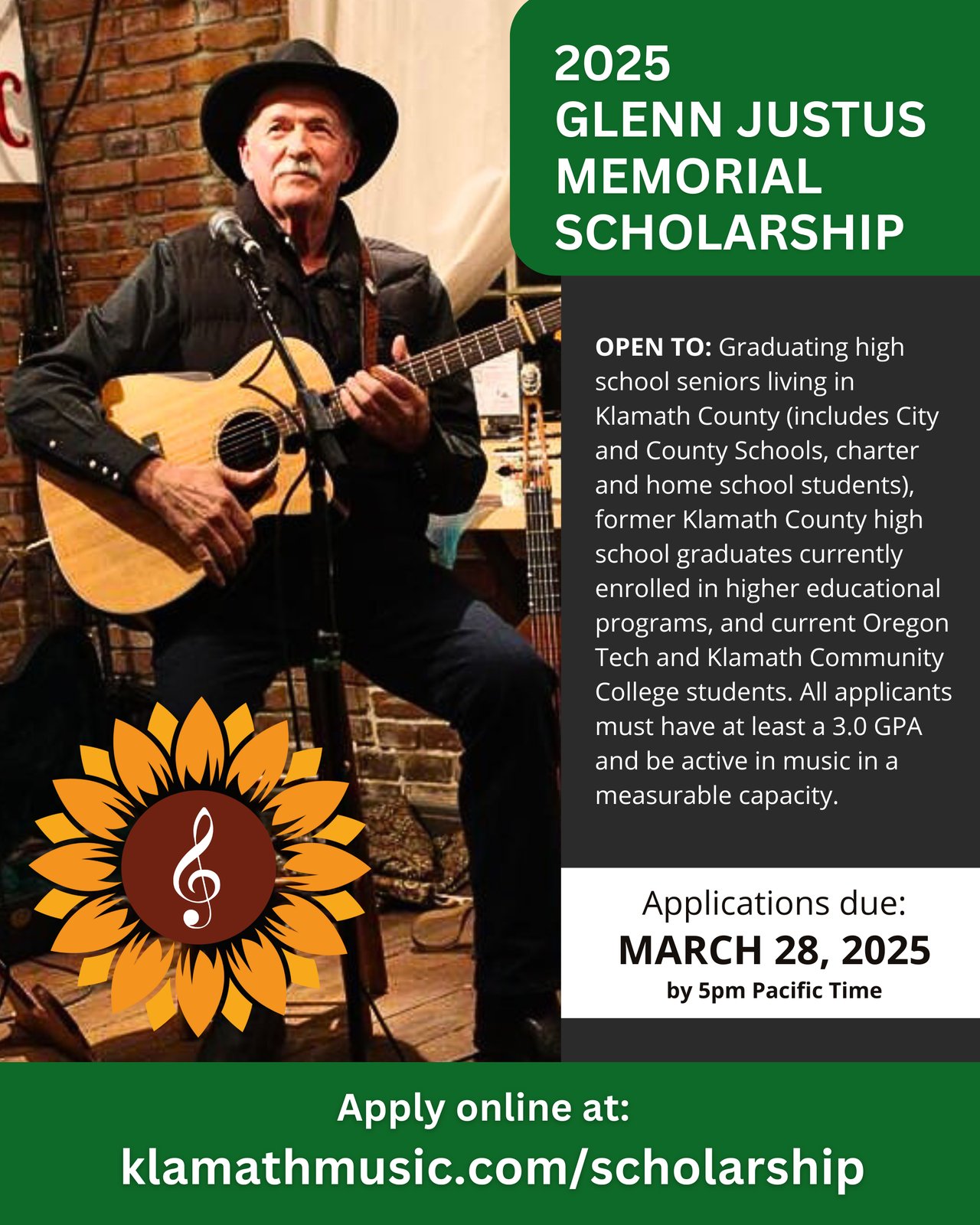 The Glenn Justus Memorial Scholarship — honoring a local musician legend with $1,000 awards to two student recipients
