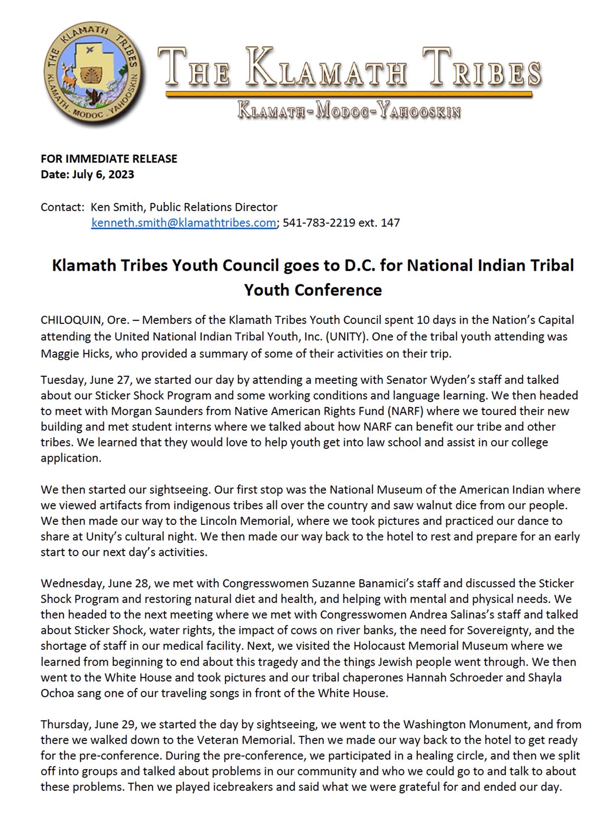 Klamath Tribes Youth Council in Washington, D.C. — 10 days attending the UNITY Conference, meeting with Oregon Congressional delegations (Senator Wyden, Congresswomen Bonamici and Salinas), and performing traditional songs at the Lincoln Memorial and the White House lawn
